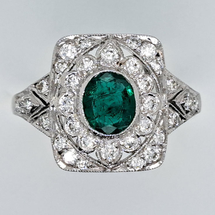 0.92ct Oval Emerald and Diamond Cluster Plaque Ring