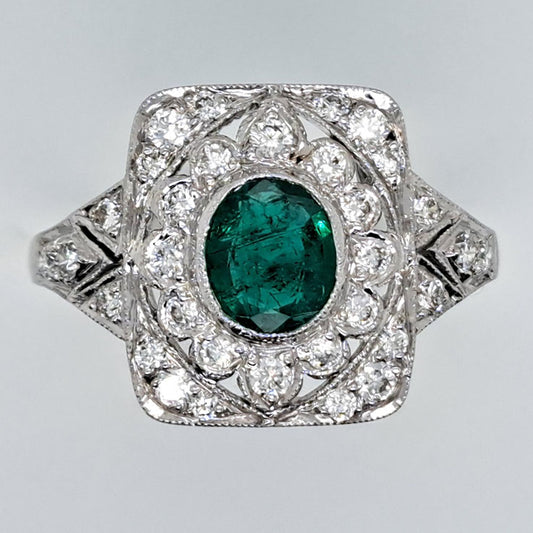 0.92ct Oval Emerald and Diamond Cluster Plaque Ring