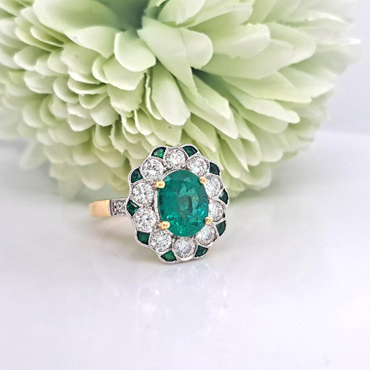 Edwardian Style 2.13ct emerald and diamond cluster engagement ring in 18ct yellow gold