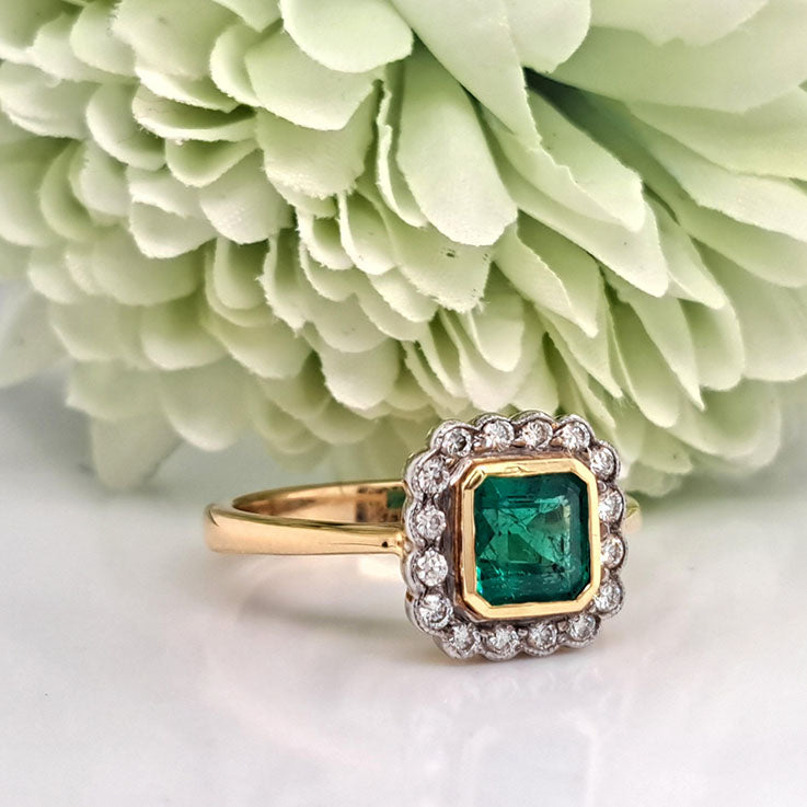 0.90ct Square Cut Emerald and Diamond Cluster Engagement Ring