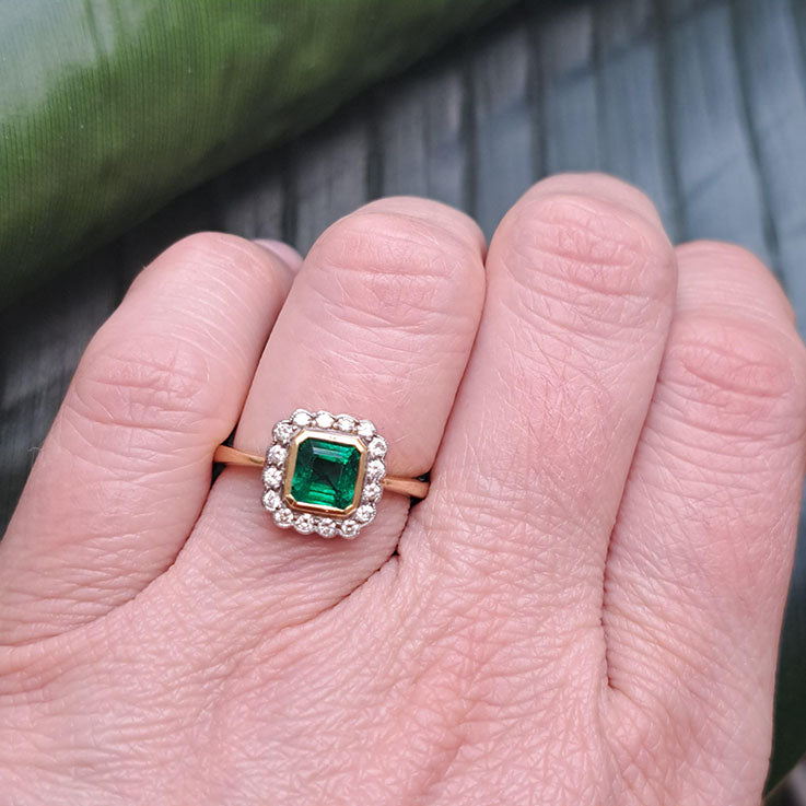 0.90ct Square Cut Emerald and Diamond Cluster Engagement Ring