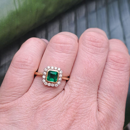 0.90ct Square Cut Emerald and Diamond Cluster Engagement Ring