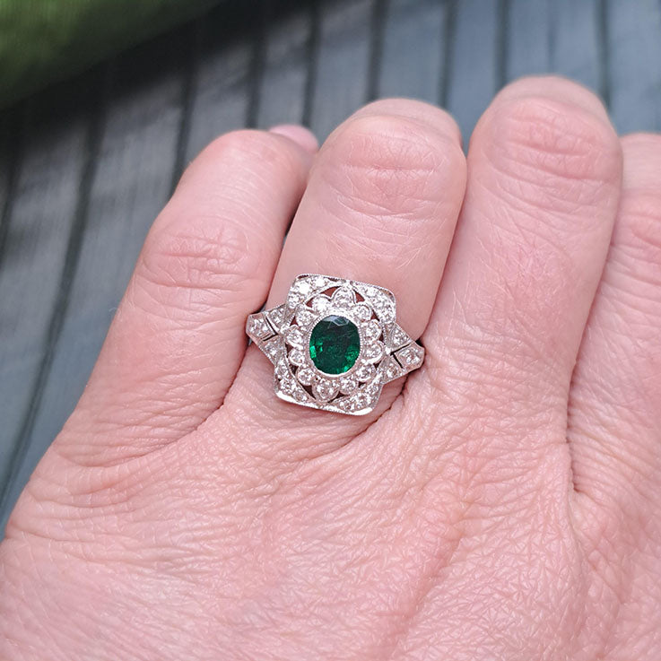 0.92ct Oval Emerald and Diamond Cluster Dress Engagement Ring