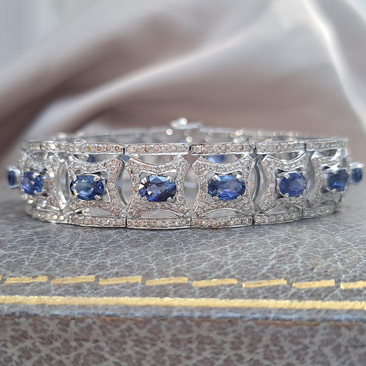Art Deco Style 10ct Sapphire and 5ct Diamond Cluster Bracelet
