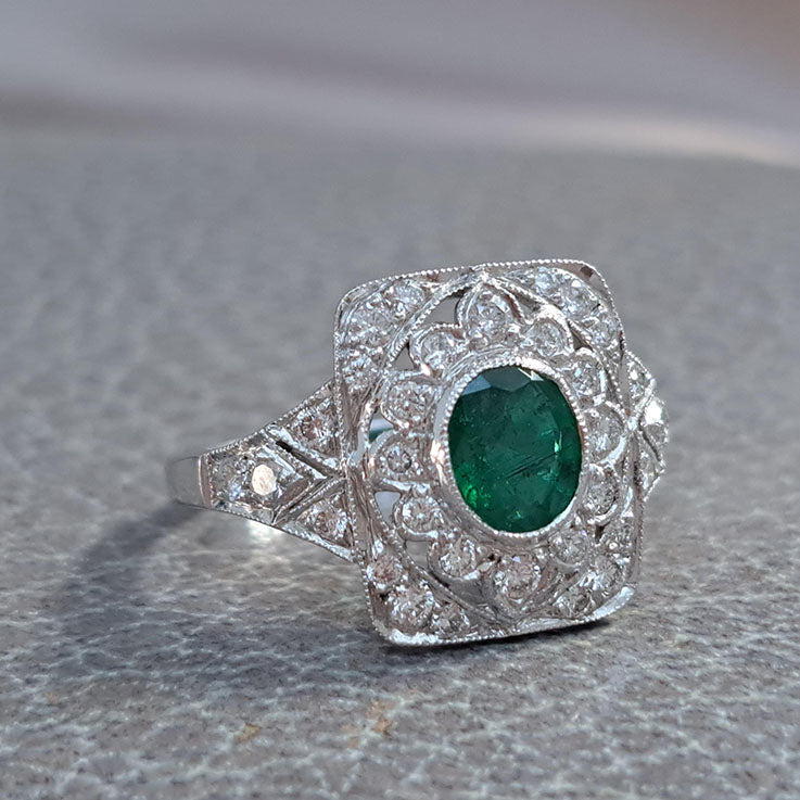 0.92ct Oval Emerald and Diamond Cluster Dress Engagement Ring