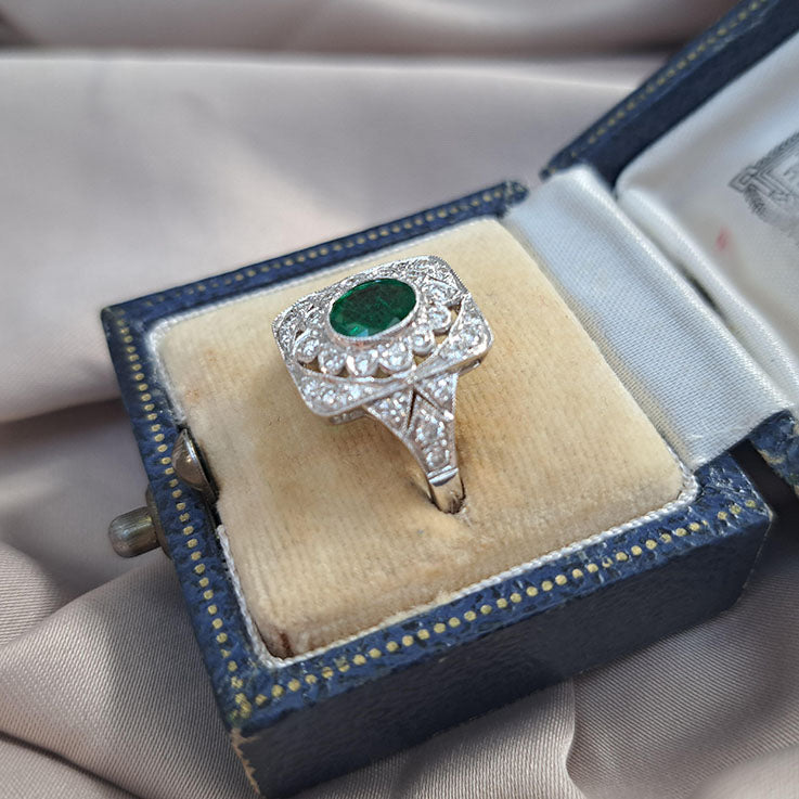 0.92ct Oval Emerald and Diamond Cluster Plaque Ring