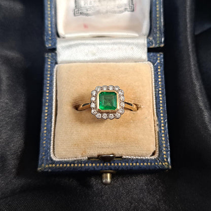 0.90ct Square Cut Emerald and Diamond Cluster Engagement Ring