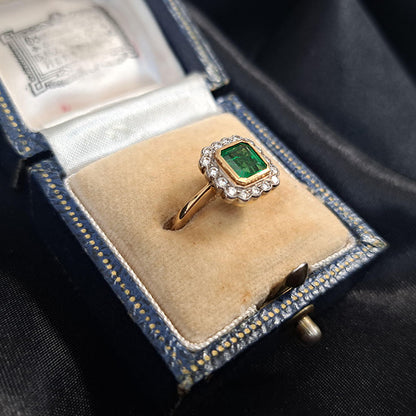 0.90ct Square Cut Emerald and Diamond Cluster Engagement Ring