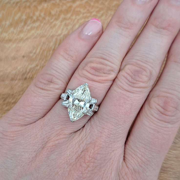 Vintage 5ct Marquise Cur Diamond Solitaire Engagement Ring in Platinum with Baguette Shoulders