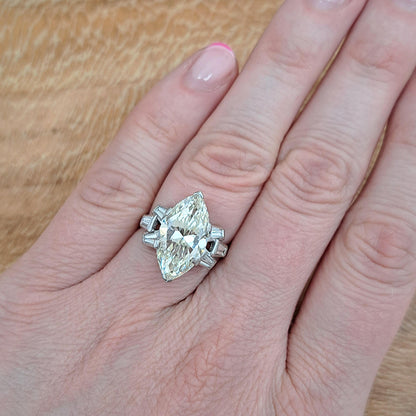 Vintage 5ct Marquise Cur Diamond Solitaire Engagement Ring in Platinum with Baguette Shoulders
