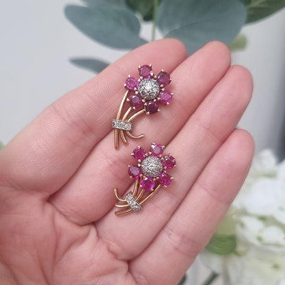 Edwardian Antique Diamond and Ruby Flower Cluster Earrings
