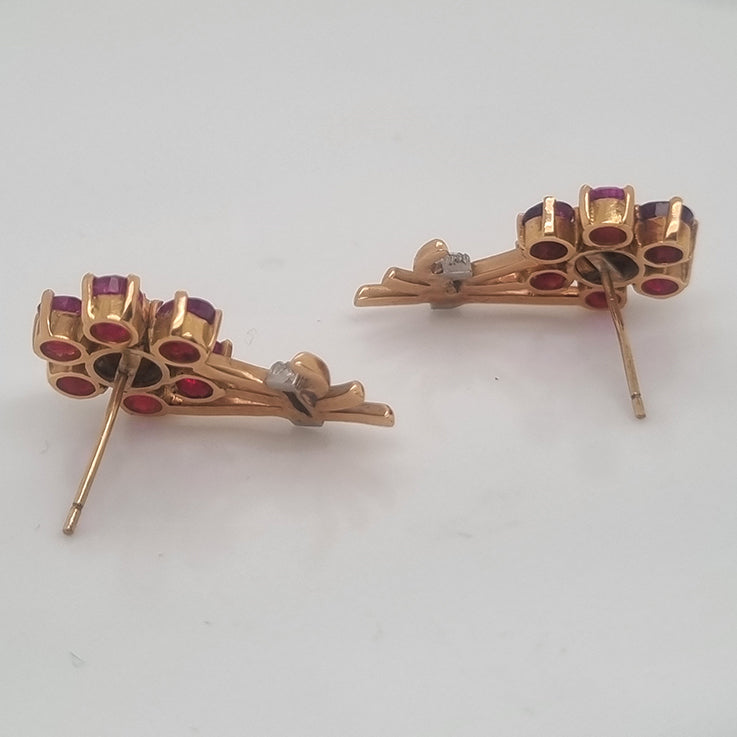 Edwardian Antique Diamond and Ruby Flower Cluster Earrings