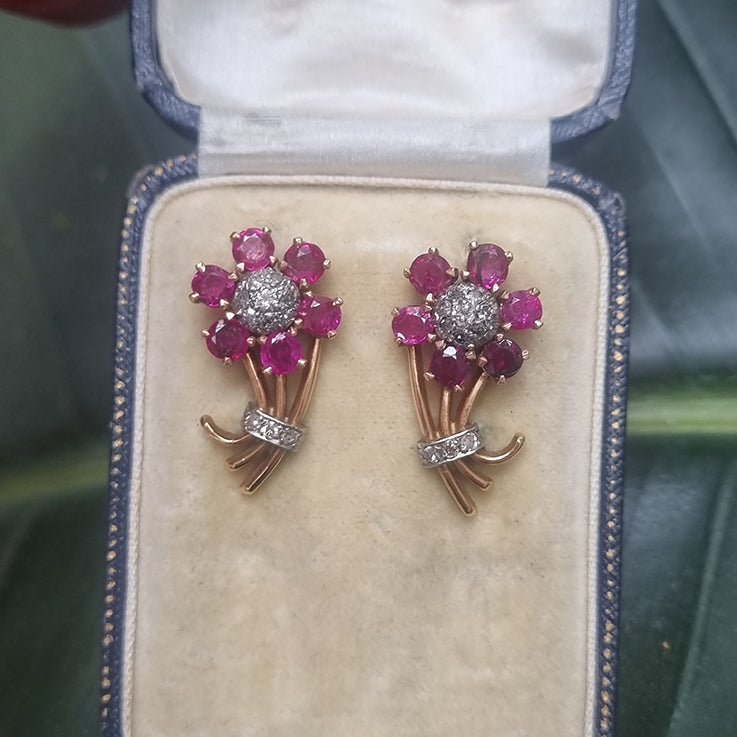 Edwardian Antique Diamond and Ruby Flower Cluster Earrings