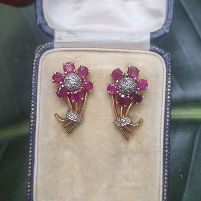 Edwardian Antique Diamond and Ruby Flower Cluster Earrings