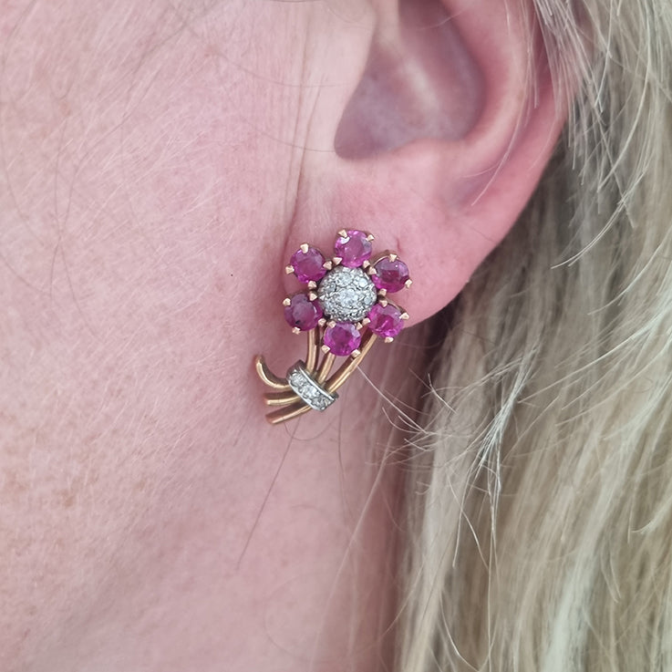 Edwardian Antique Diamond and Ruby Flower Cluster Earrings