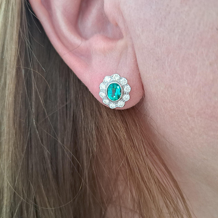 1.20ct Oval Emerald and Diamond Floral Cluster Earrings