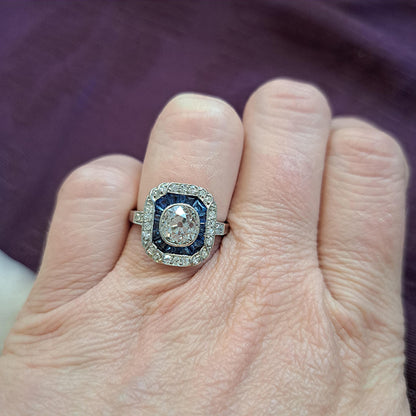 Antique Art Deco Sapphire Diamond and Platinum Ring, 1.30 carats