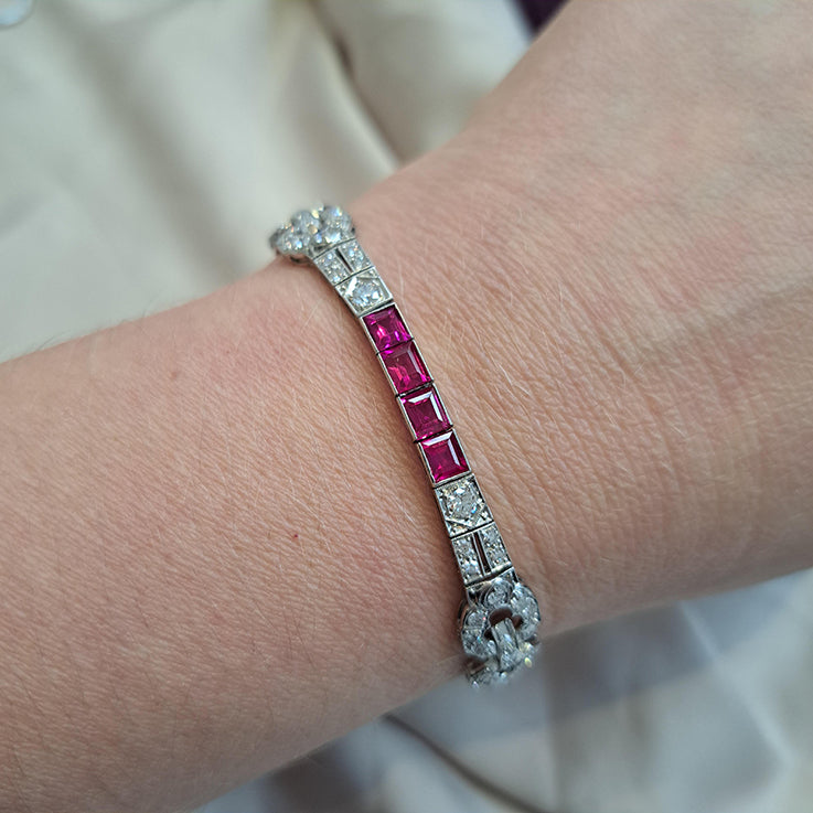 Art Deco Ruby and Diamond Line Bracelet in Platinum