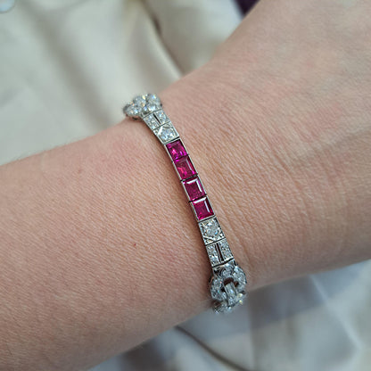 Art Deco Ruby and Diamond Line Bracelet in Platinum
