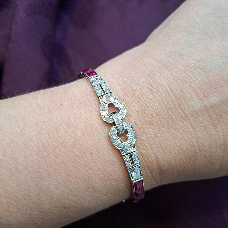 Art Deco Ruby and Diamond Line Bracelet in Platinum