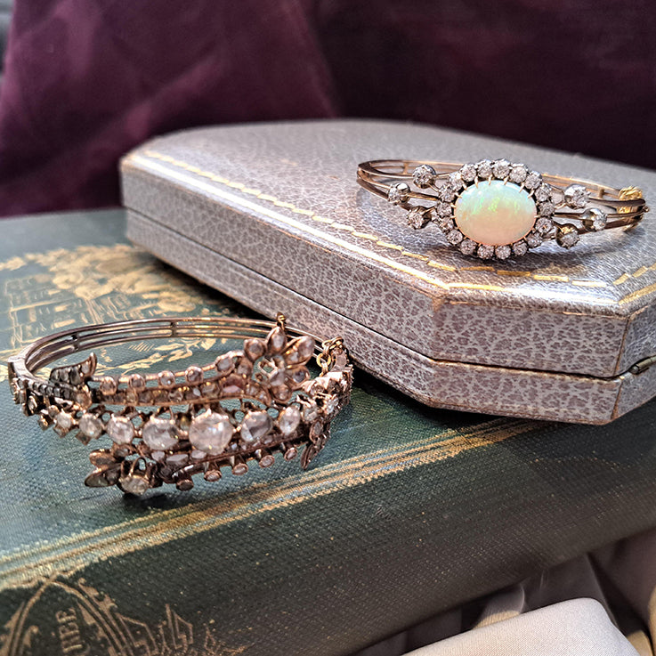 Antique Opal and Diamond Cluster Bangle Bracelet and Antique Victorian Rose Cut Diamond Bangle Bracelet