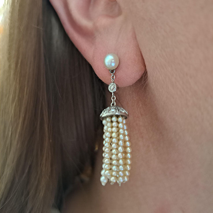 Antique Edwardian Diamond and Pearl Tassel Earrings