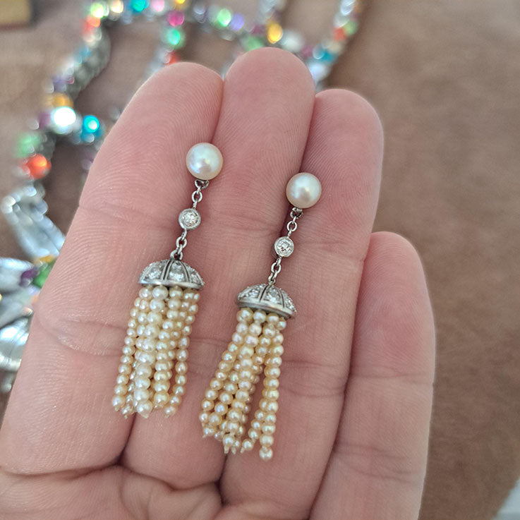 Antique Edwardian Diamond and Pearl Tassel Earrings