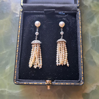 Antique Edwardian Diamond and Pearl Tassel Earrings