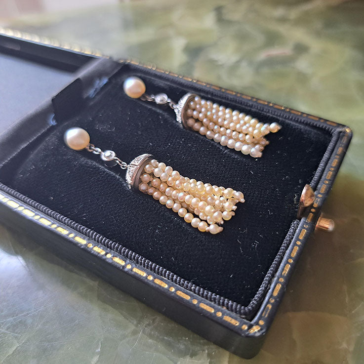 Antique Edwardian Diamond and Pearl Tassel Earrings