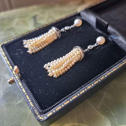 Antique Edwardian Diamond and Pearl Tassel Earrings