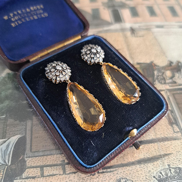 Antique Victorian Citrine Drop Earrings with Diamond Sunburst Cluster Tops