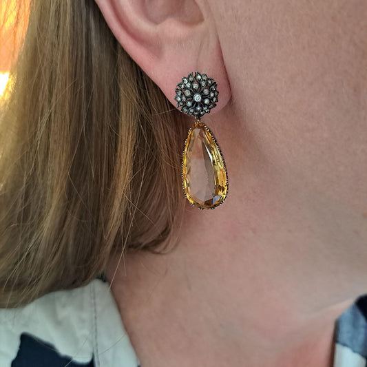 Antique Victorian Citrine Drop Earrings with Diamond Sunburst Cluster Tops