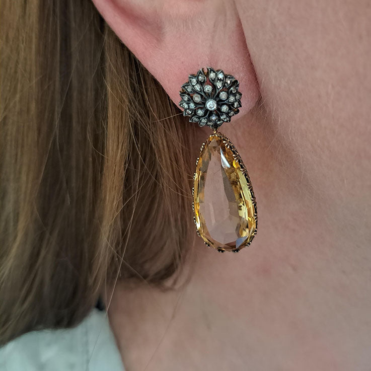 Antique Victorian Citrine Drop Earrings with Diamond Sunburst Cluster Tops