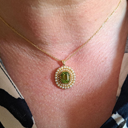 Antique 3.50ct Peridot and Pearl Double Cluster Pendant