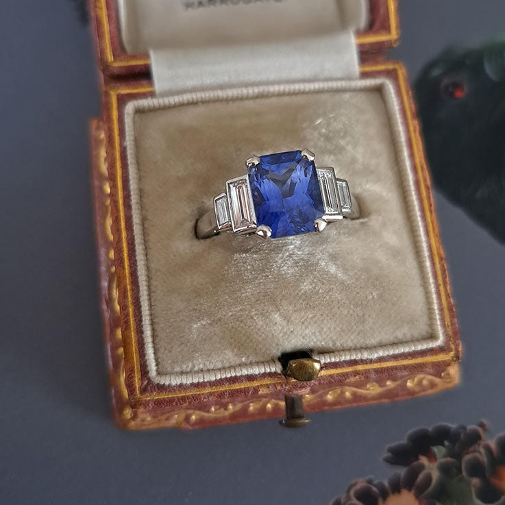 3ct Ceylon Sapphire and Baguette Diamond Engagement Ring in Platinum