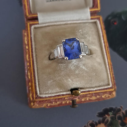 3ct Ceylon Sapphire and Baguette Diamond Engagement Ring in Platinum