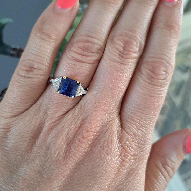 2.19ct Sapphire and Trillion Diamond Three Stone Engagement Ring