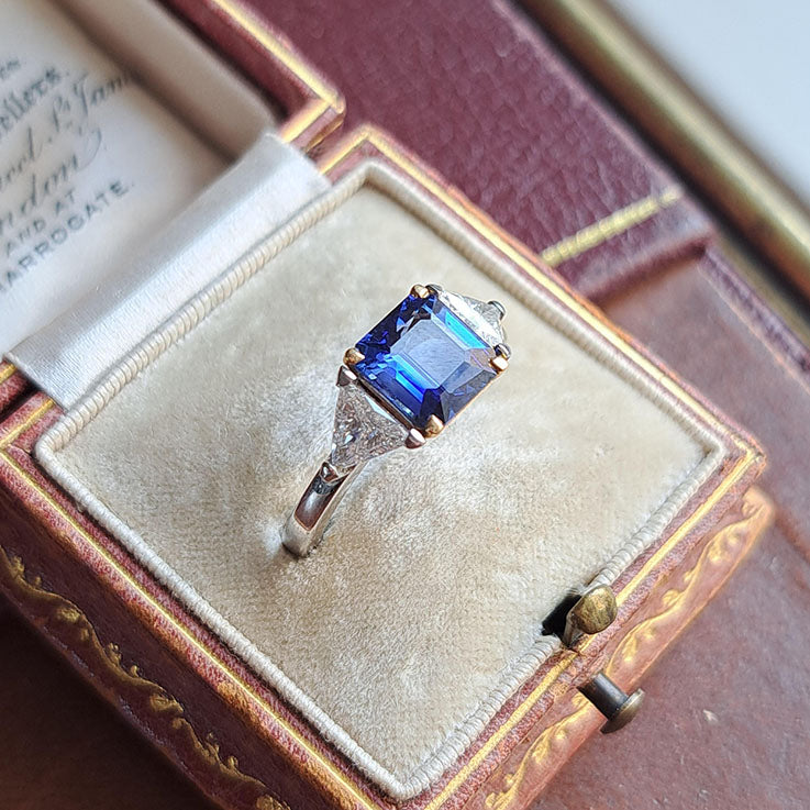 2.19ct Sapphire and Trillion Diamond Three Stone Engagement Ring
