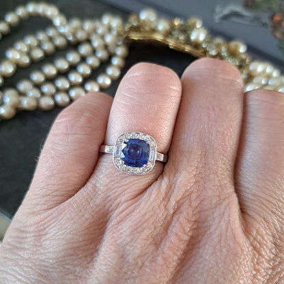 Cushion Cut Sapphire and Diamond Cluster Engagement Ring
