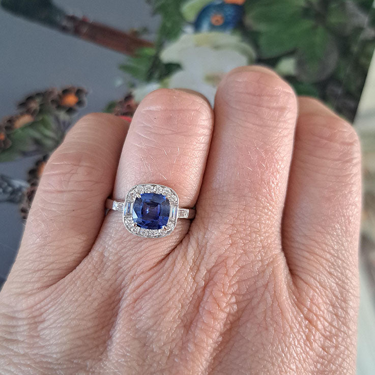 Cushion Cut Sapphire and Diamond Cluster Engagement Ring