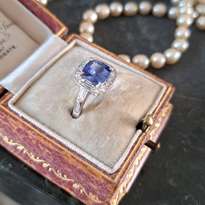 Cushion Cut Sapphire and Diamond Cluster Engagement Ring