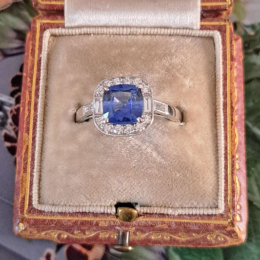 Cushion Cut Sapphire and Diamond Cluster Engagement Ring