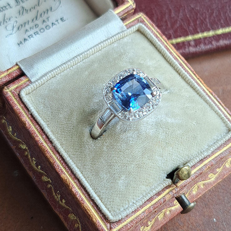 Cushion Cut Sapphire and Diamond Cluster Engagement Ring