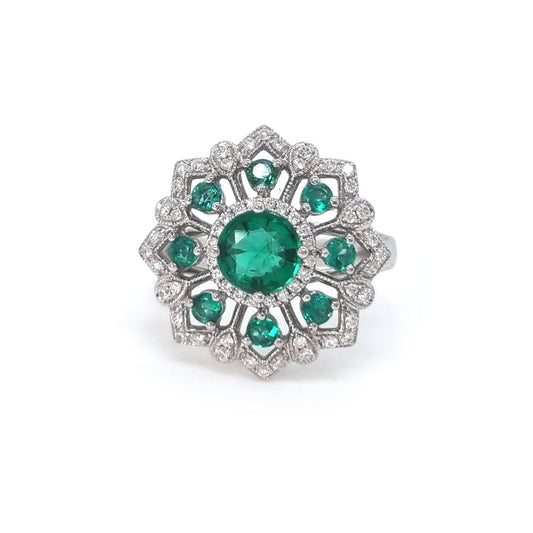 1.32 Carat Emerald and Diamond Cluster Ring, 18ct White Gold Mayfair