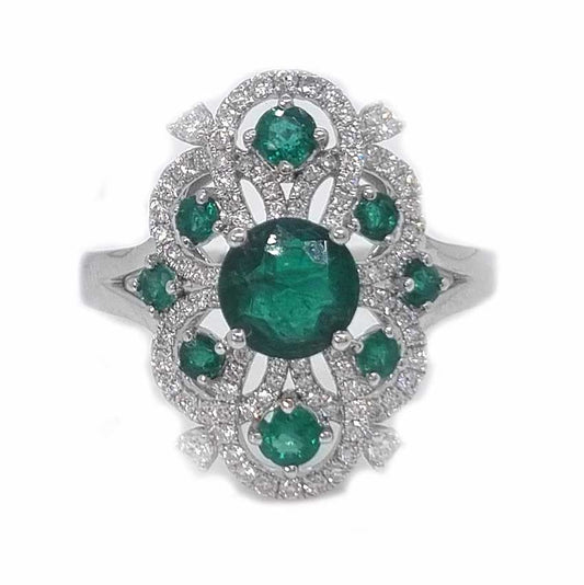 Decorative 1.13ct Emerald and Diamond Cluster Dress Ring, 1.13 carat emerald nestled within entwinned loop diamond surround with emerald accents in 18ct white gold