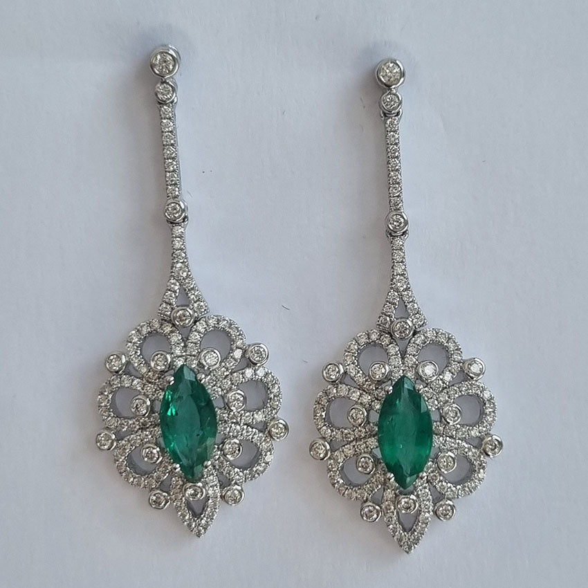 Certified 2.02ct Marquise Cut Colombian Emerald and Diamond Cluster Ring Earrings in 18ct White Gold