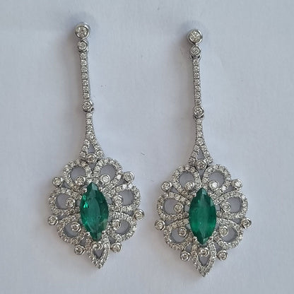 Certified 2.02ct Marquise Cut Colombian Emerald and Diamond Cluster Ring Earrings in 18ct White Gold