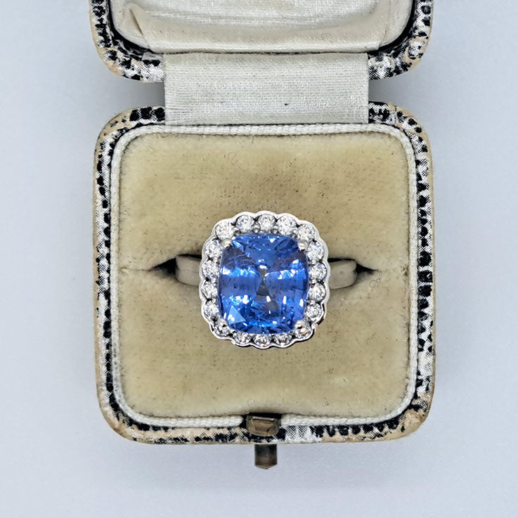 Natural Unheated Ceylon 7.79 carats Blue sapphire and Diamond Cluster Ring