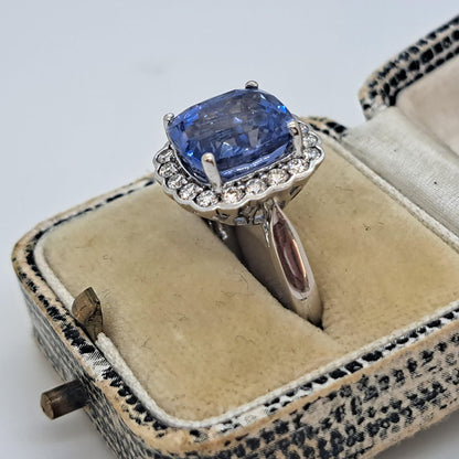 Natural Unheated Ceylon 7.79 carats Blue sapphire and Diamond Cluster Ring