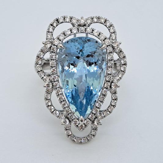 8.10ct Pear Cut Brazilian Aquamarine and Diamond Cluster Dress Ring in 18ct White Gold